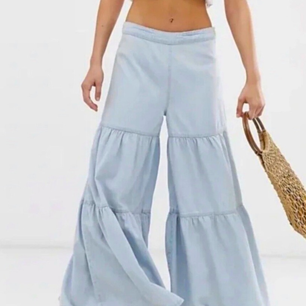 Free People Light Blue Tiered Wide-Leg Pants